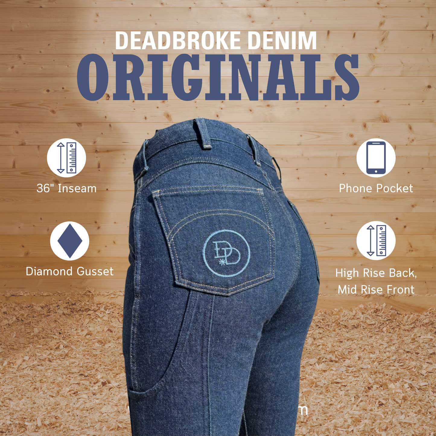 Blue jeans displayed with features on a wooden background, featuring the brand 'Deadbroke Denim'.